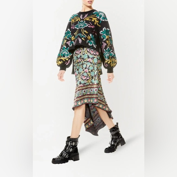 NWT $350 Alice + Olivia Natalina Sz 10 black floral-print asymmetric midi skirt